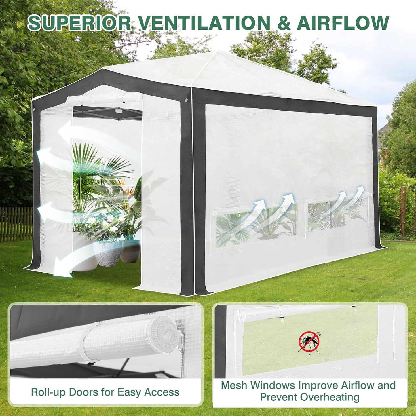 EAGLE PEAK 12x8 Portable Walk in Greenhouse with Polyester Reinforced Corners, Instant Pop up Indoor Outdoor Gardening Green House, Roll Up Zipper Entry Doors and Mesh Windows, Gray/White