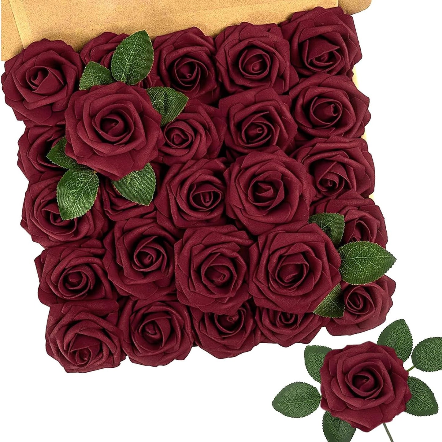 N&T NIETING Artificial Flowers, 25Pcs Fake Flowers Roses Perfect DIY Wedding Bouquets Centerpieces Bridal Shower Party Valentine's Day Home Flower Arrangement Decorations, Dark Red