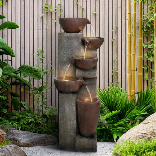 SunJet 5-Tier Cascading Indoor/Outdoor Water Fountain with LED Lights - 39.7" High Large Waterfall Floor Standing Fountain for Garden, Patio, Yard, and Deck Decor - Relaxing Outdoor Water Feature