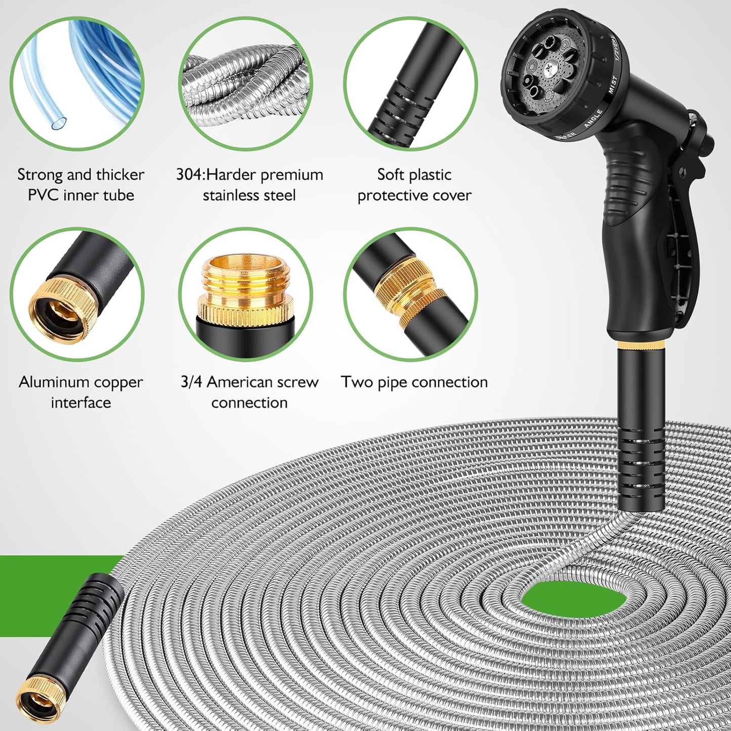Garden Hose Metal 25FT, Stainless Steel Heavy Duty Water Hose With 10 Function Nozzle, No-Kink, Tough & Flexible, Sturdy and Lightweight, Rust Proof for Yard, Outdoor, RV
