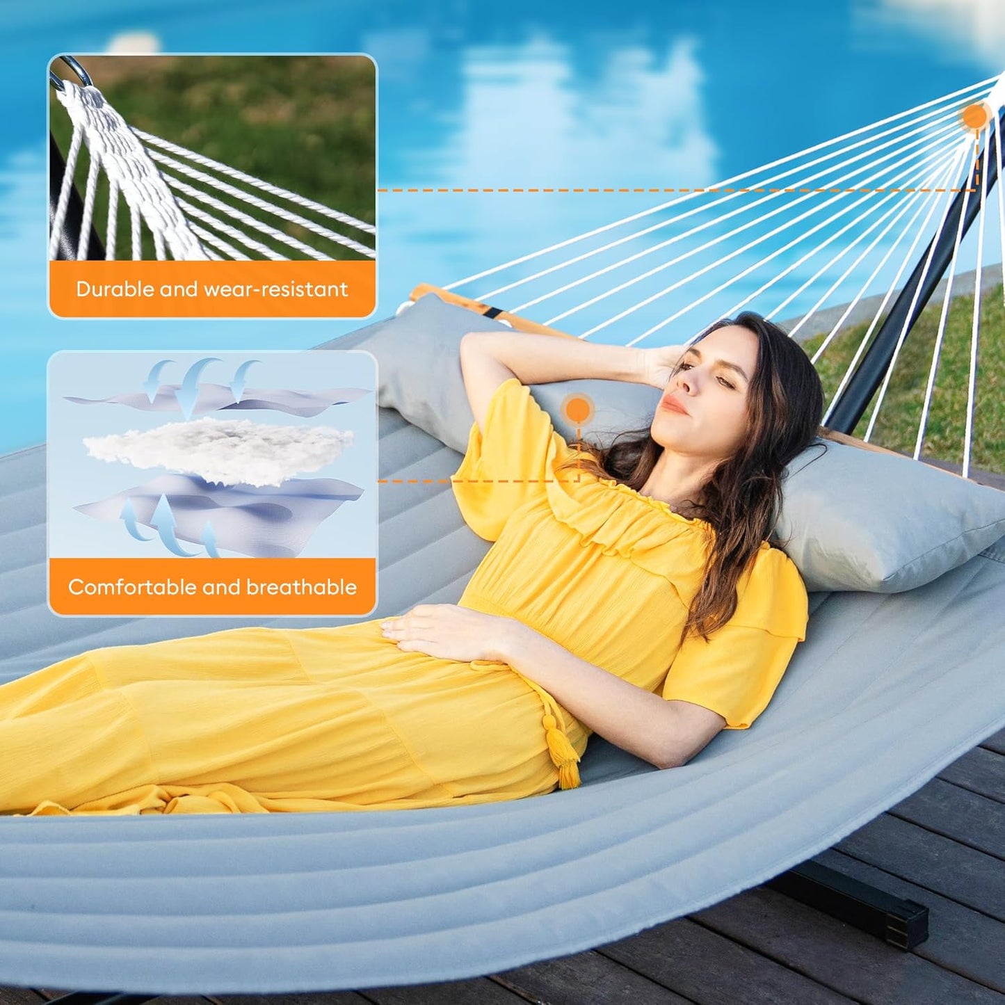 Double Hammock with Spreader Bar,Soft Pillow,Max Load 500lbs,Portable Hammock for Outdoor,Camping,and Backyard,Dark Gray