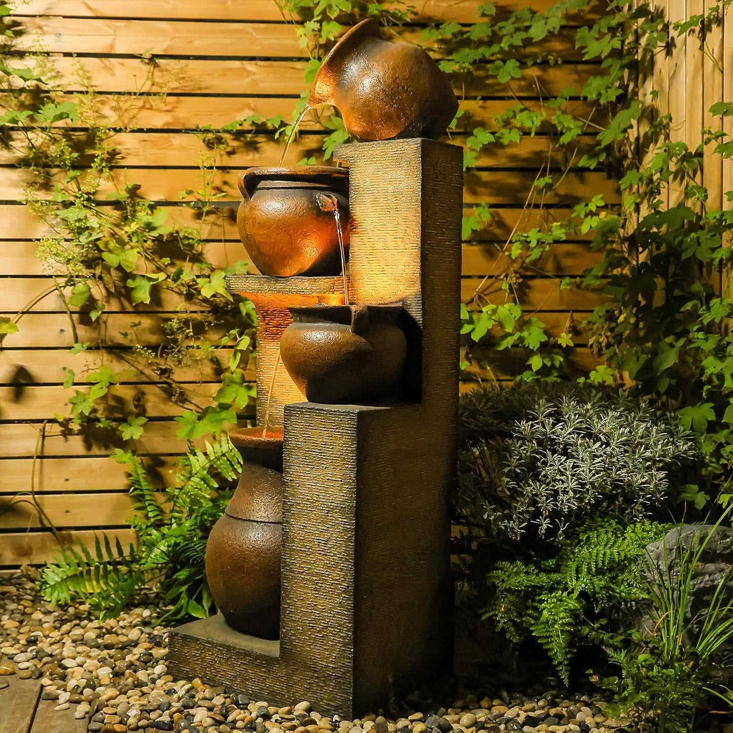 53" H Large Outdoor Water Fountain with Lights - 4 Tiered Cascading Bowls Waterfall Fountain for Garden, Patio, Backyard, Porch Inside - Freestanding Outdoor Water Feature Gold