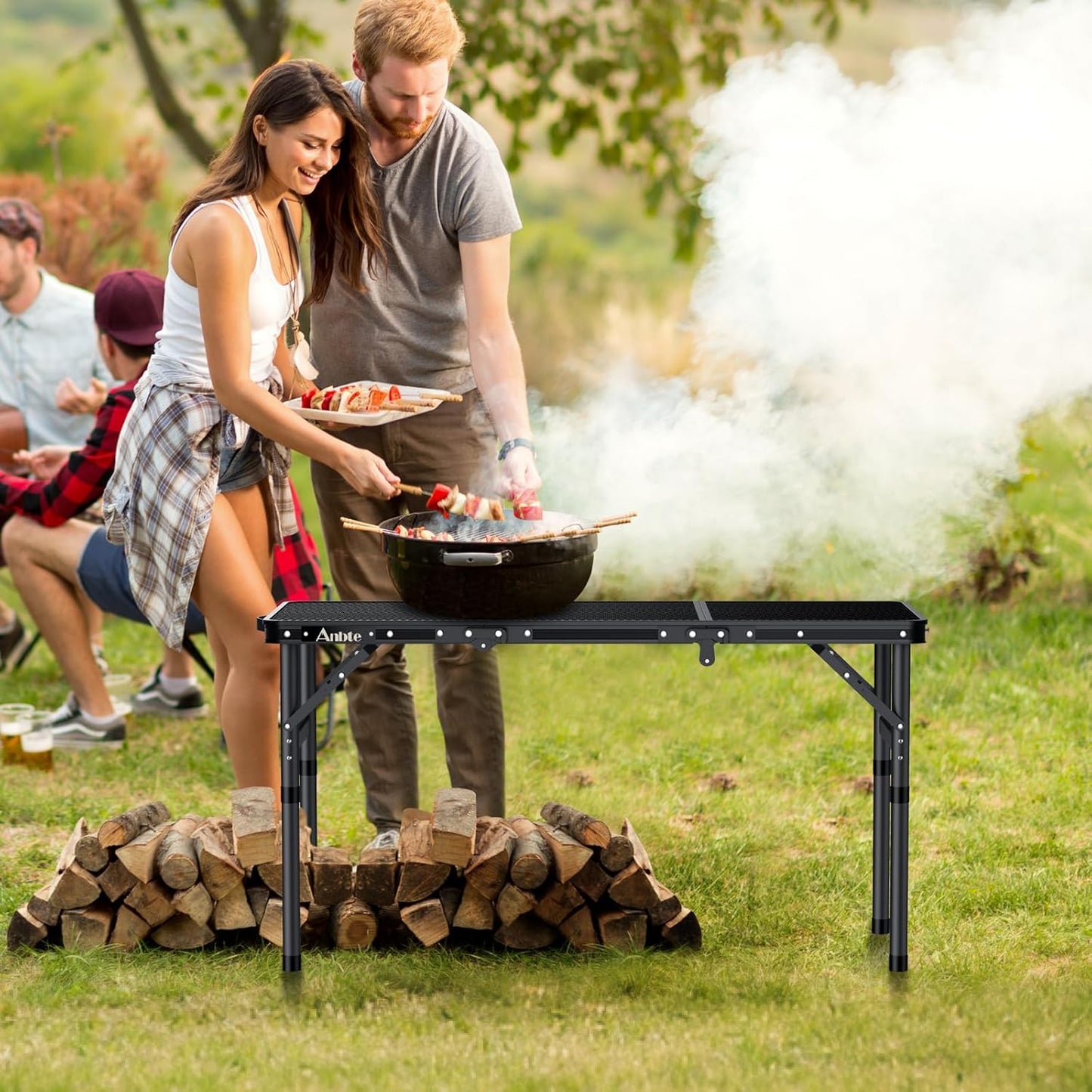 Folding Grill Table, Aluminum Camping Table Adjustable Height Max 27.5" Picnic Table Outdoor Table, Lightweight, Portable Handle for Travel Cooking BBQ Picnic, 35" x 16", Black