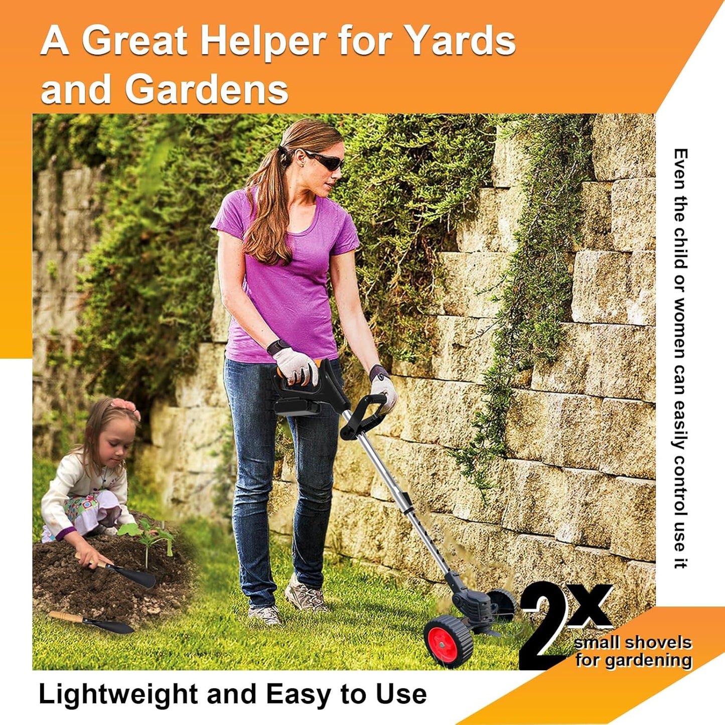 Electric Weed Wacker Eater Cordless, Weed Wacker Battery Powered, Weed Trimmer with 2 21V/2Ah Battery Operated & 15 Blades & Wheels, No-String Grass Trimmer/Brush Cutter/Edger for Garden Yard