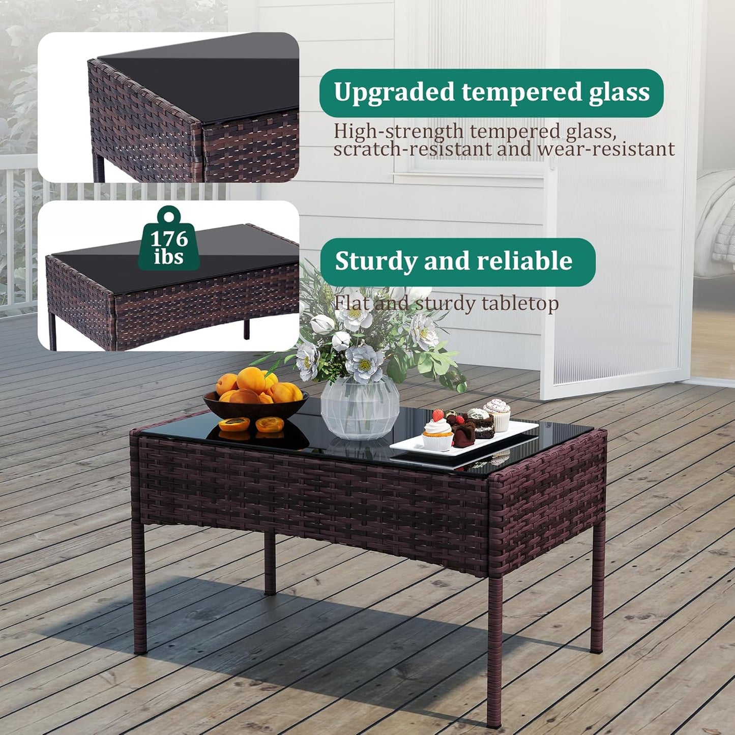 4 Piece Patio Furniture Set - Outdoor Conversation Sets with Coffee Table, Rattan Chair Set for Garden/Poolside, Brown/Grey