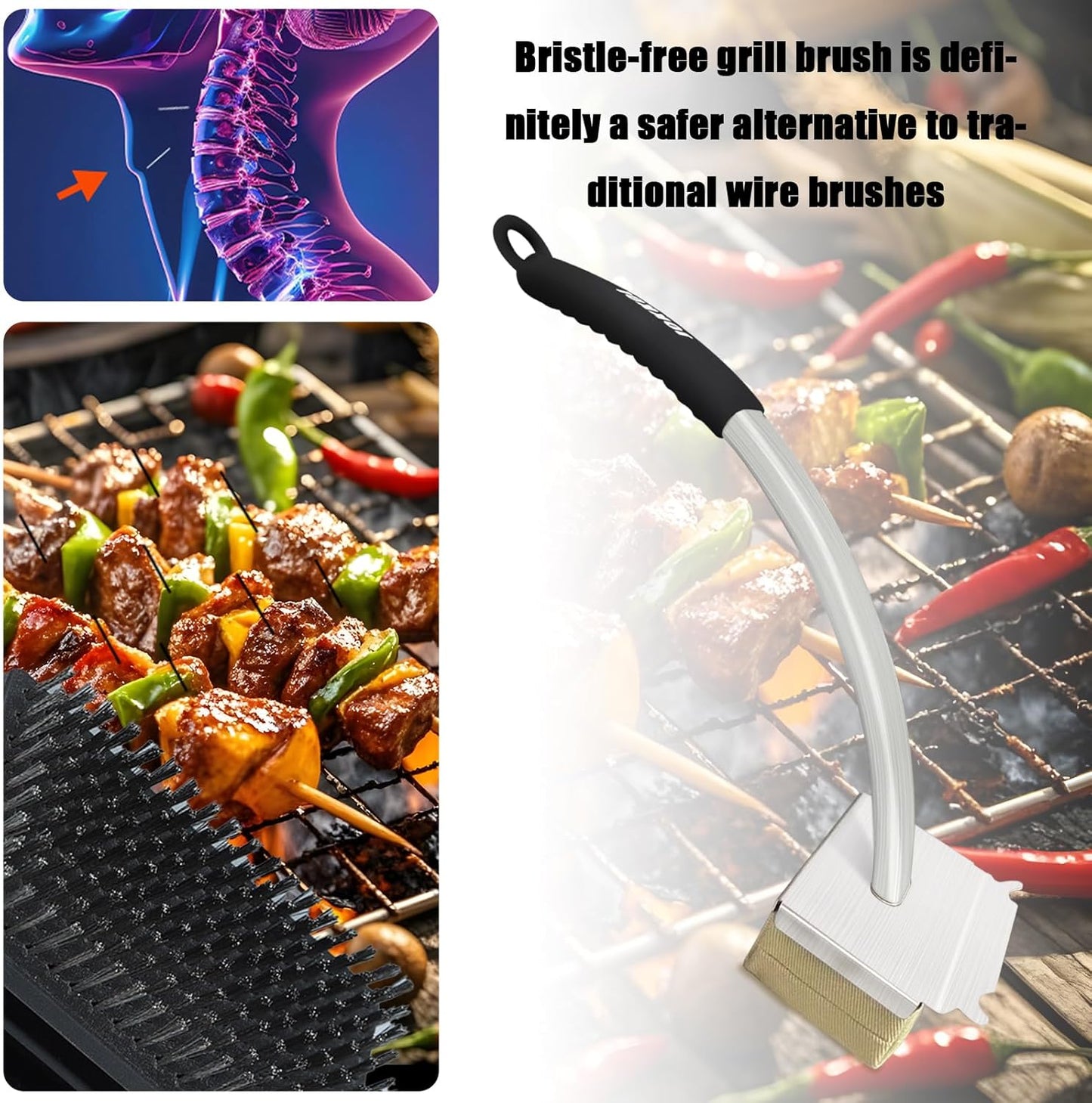 Grill Brush Bristle Free with Hanging Loop,BBQ Safe steam Grill Brush Non Metal bristles,Stainless Steel Cleaning Brush,Includes 2 Replaceable Heads Red