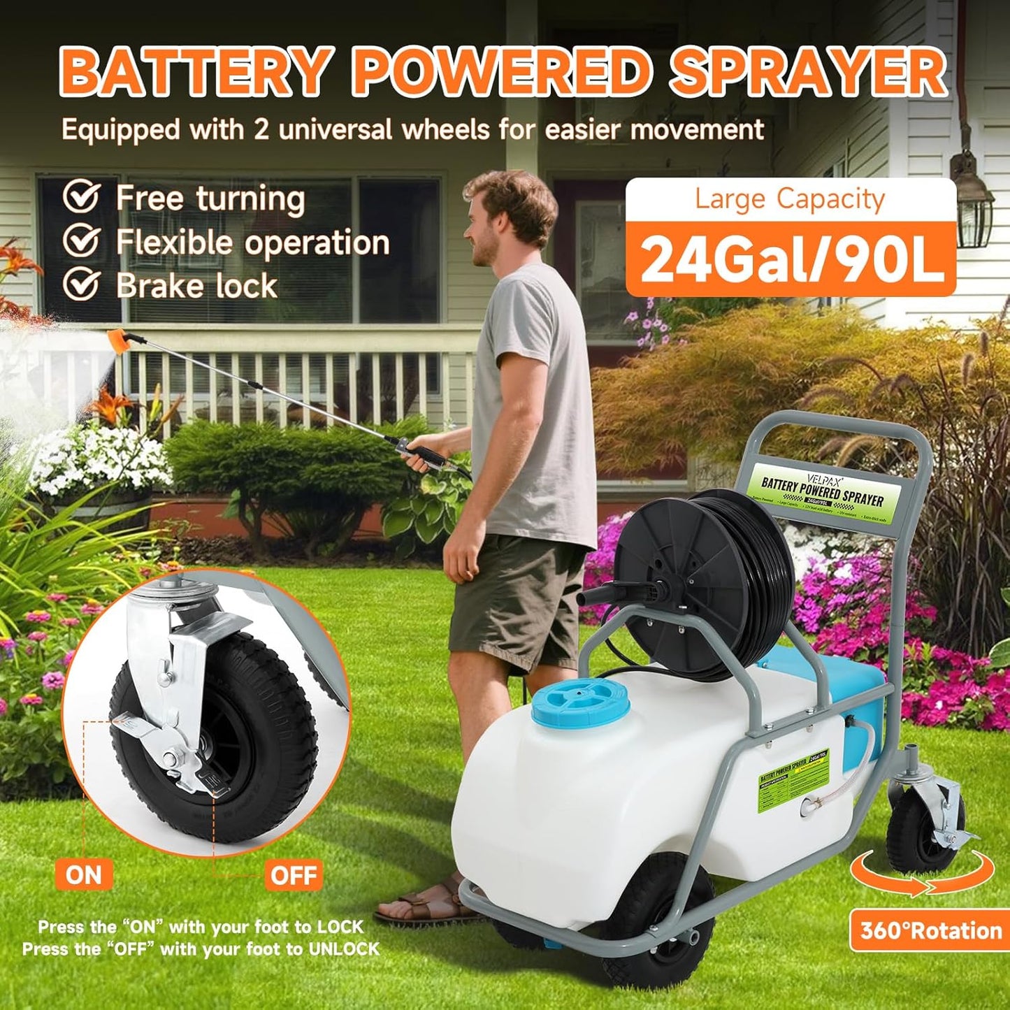 24 Gallon Battery Powered Sprayer,90 PSI Electric Pump,6 Hours Long Battery Life,12V 8Ah Battery,Adjustable HD Wand and 10 Nozzles,Portable Sprayer with Wheels for Lawn & Garden Spraying, Cleaning