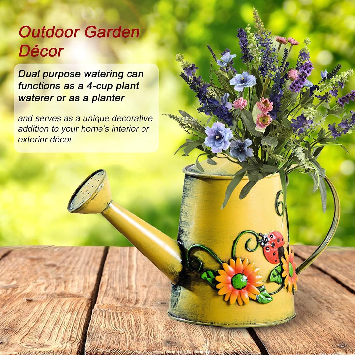 Decorative Sunflower & Ladybug Metal Watering Can (Vol: 4 Cups) | Small Yellow Watering Can | Garden Décor Housewarming Gift for Mother Women Friends Gardeners