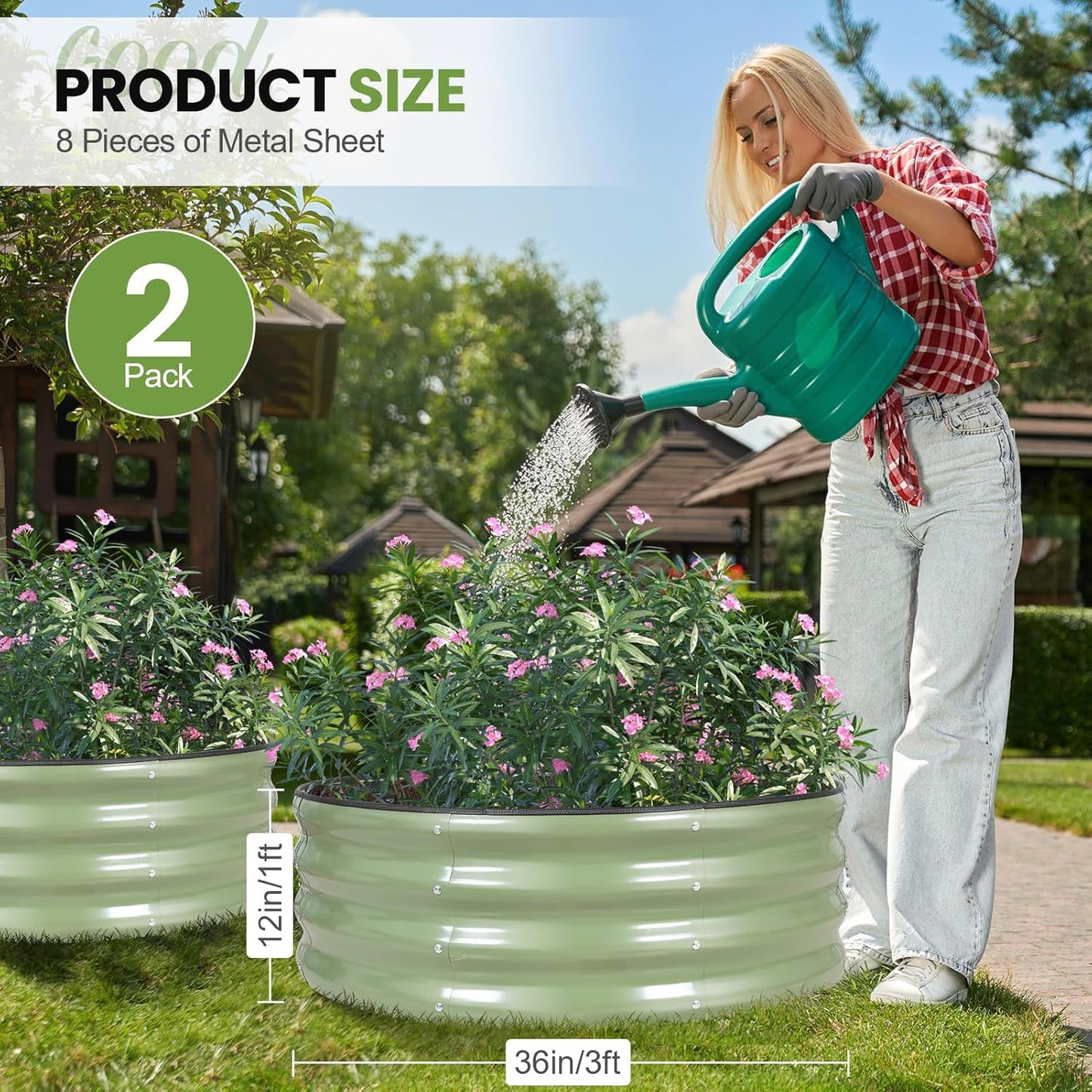 G GOOD GAIN Round Raised Garden Bed - 2Pcs 3x3x1ft Galvanized Steel Planter Boxes Outdoor with Rubber Edge Trim | Metal Raised Beds for Gardening Vegetables Flowers Fruits Herbs (Olive Green)