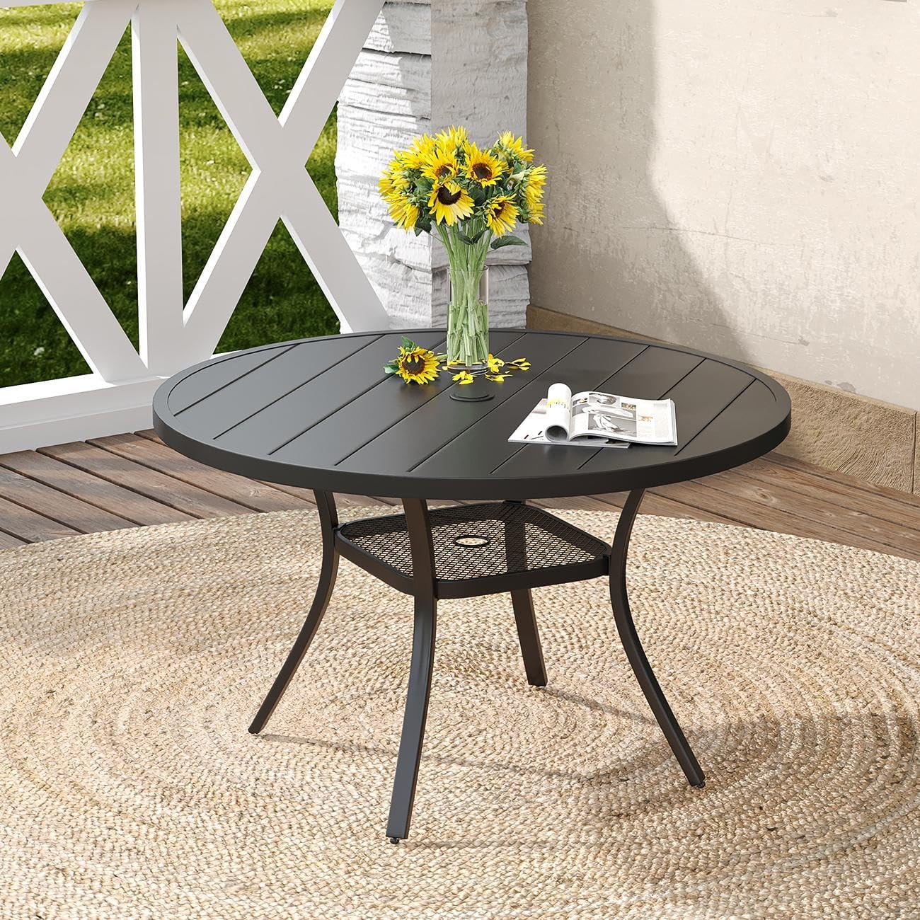 DIFY Outdoor Dining Table for 4, Round Patio Table with Umbrella Hole for Garden, Backyard and Porch (Black)