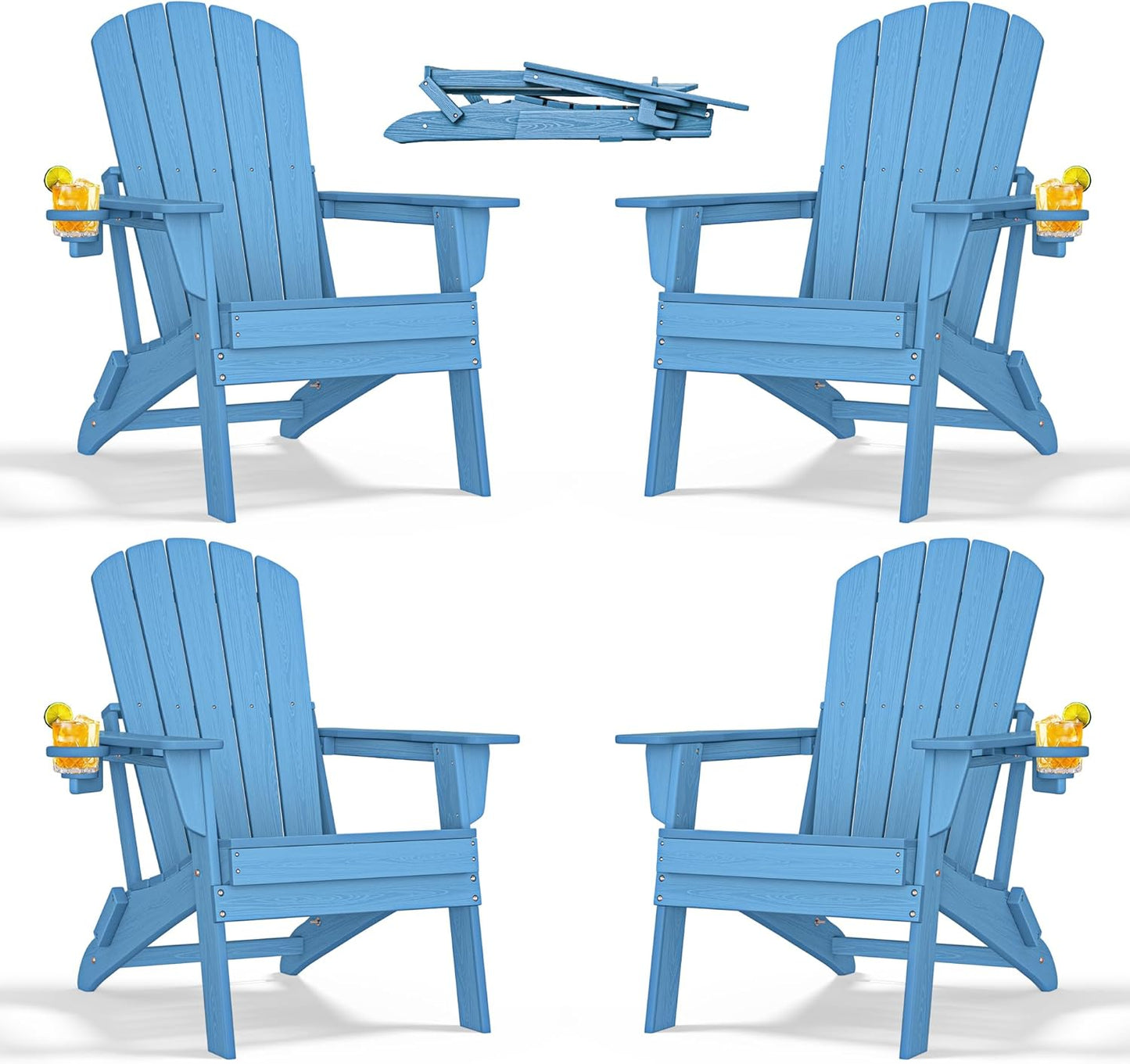 Folding Adirondack Chair with Cup Holder Set of 4,All-Weather Adirondack Chair,Patio Chair,HDPE-Wooden Textured Lawn Chair- Light Blue