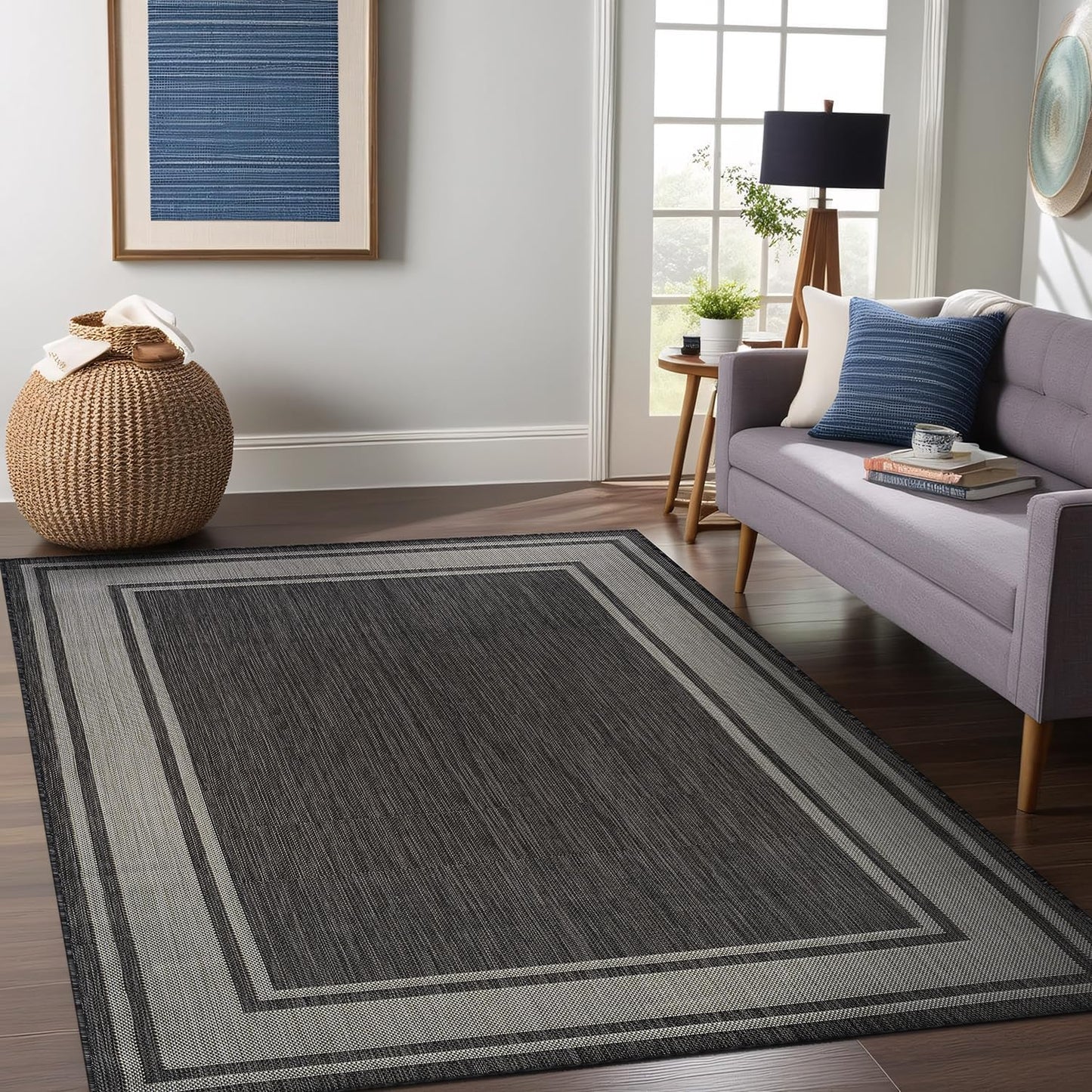 Beverly Rug Outdoor Rug 6x9 Modern Bordered Area Rugs for Indoor and Outdoor Patio Deck Porch Garden Waterproof Weather Sun Resistant Washable Outside Carpet (6 x 9 Dark Gray)