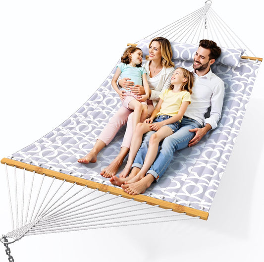 Double Hammock with Spreader Bar,Soft Pillow,Max Load 500lbs,Portable Hammock for Outdoor,Camping,and Backyard,White Gray