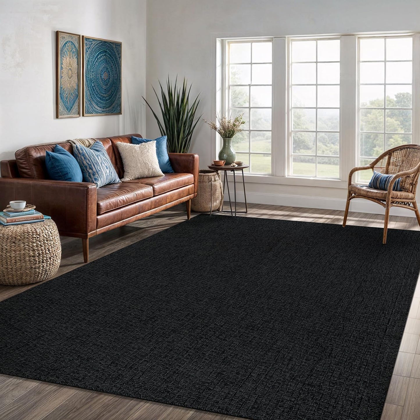 Easy Jute Rug 9x12 Indoor Outdoor Natural Rugs Solid Fiber Rug Woven Area Rug Boho Easy Clean Inside Carpet for Living Room Bedroom Dining Room Hallway or Outdoor Patio Porch (9 X 12 Dark Grey)