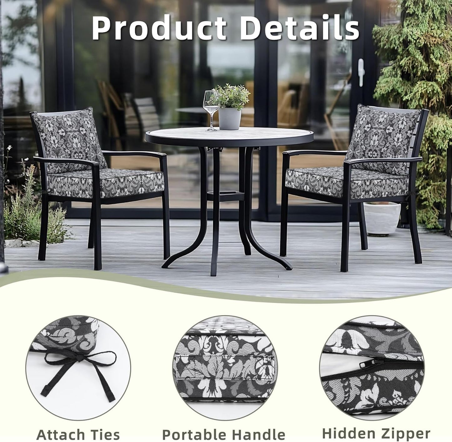 Favoyard Outdoor Seat Cushion 22 x 22 x 3 in Waterproof Pattern Fade Resistant Cover Removable Patio Furniture Cushions Deep Seat & Back Cushion Set with Adjustable Straps for Patio Chair Sofa Couch