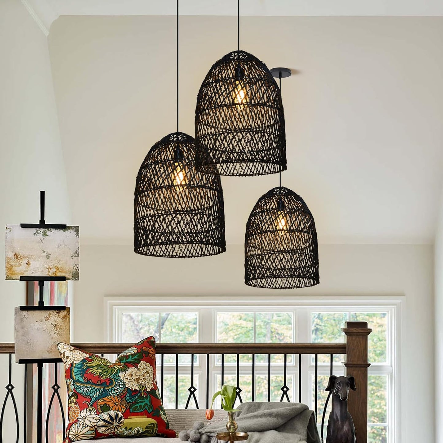 Arturesthome 1 Light Rustic Rattan Basket Pendant Light Boho Wicker Chandelier Coastal Handmade Crafts Lampshade, Farmhouse Hanging Ceiling Lighting for Dining Kitchen Island Black 13.75in*19.68in