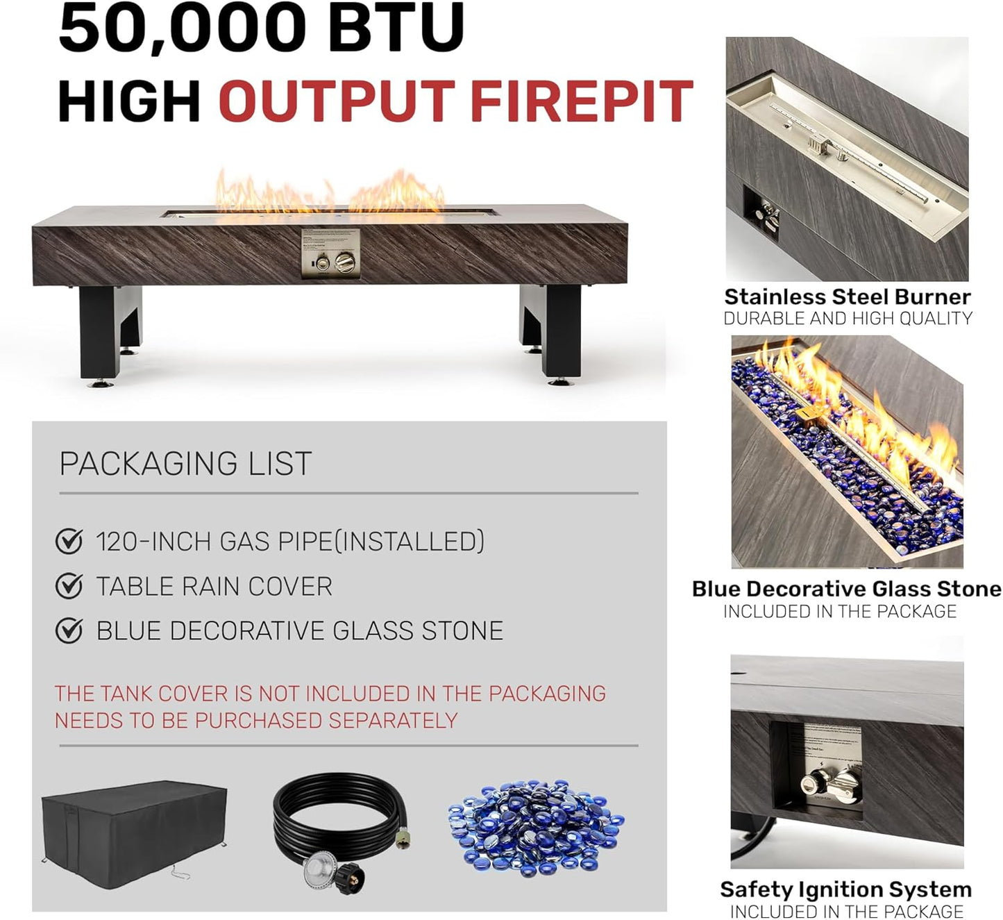 54”Propane Fire Pit,Outdoor Gas Fire Pit Table with Rain Cover,Rectangular Heater for Patio, Backyard, Deck,50,000BTU Outdoor Modern Patio Fire Pit.