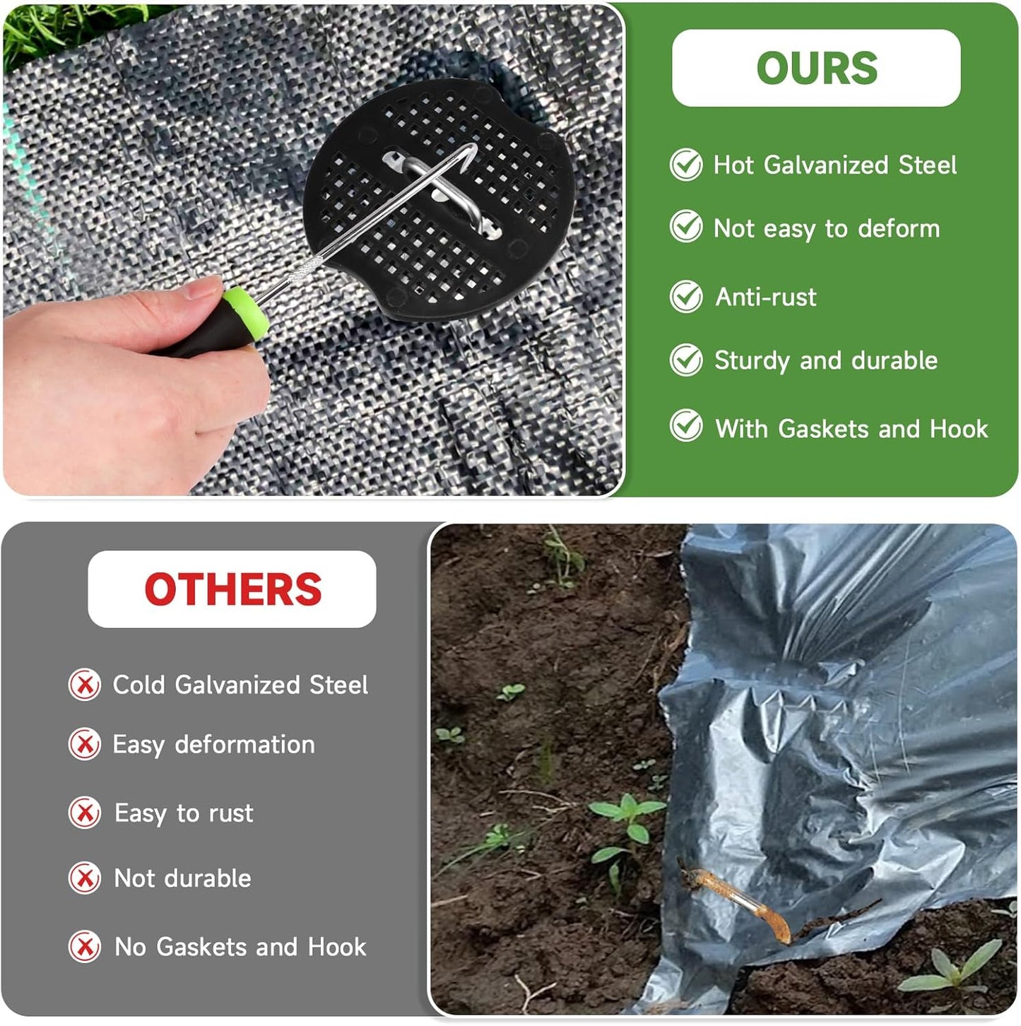 Garden Stakes,6 Inch 11 Gauge 100pcs Galvanized Landscape Staples + 100pcs Gaskets + 1Pick Hook, Tent Stakes Landscaping Fabric SOD Pins for Weed Fabric Barrier,Groud Cover,Fence