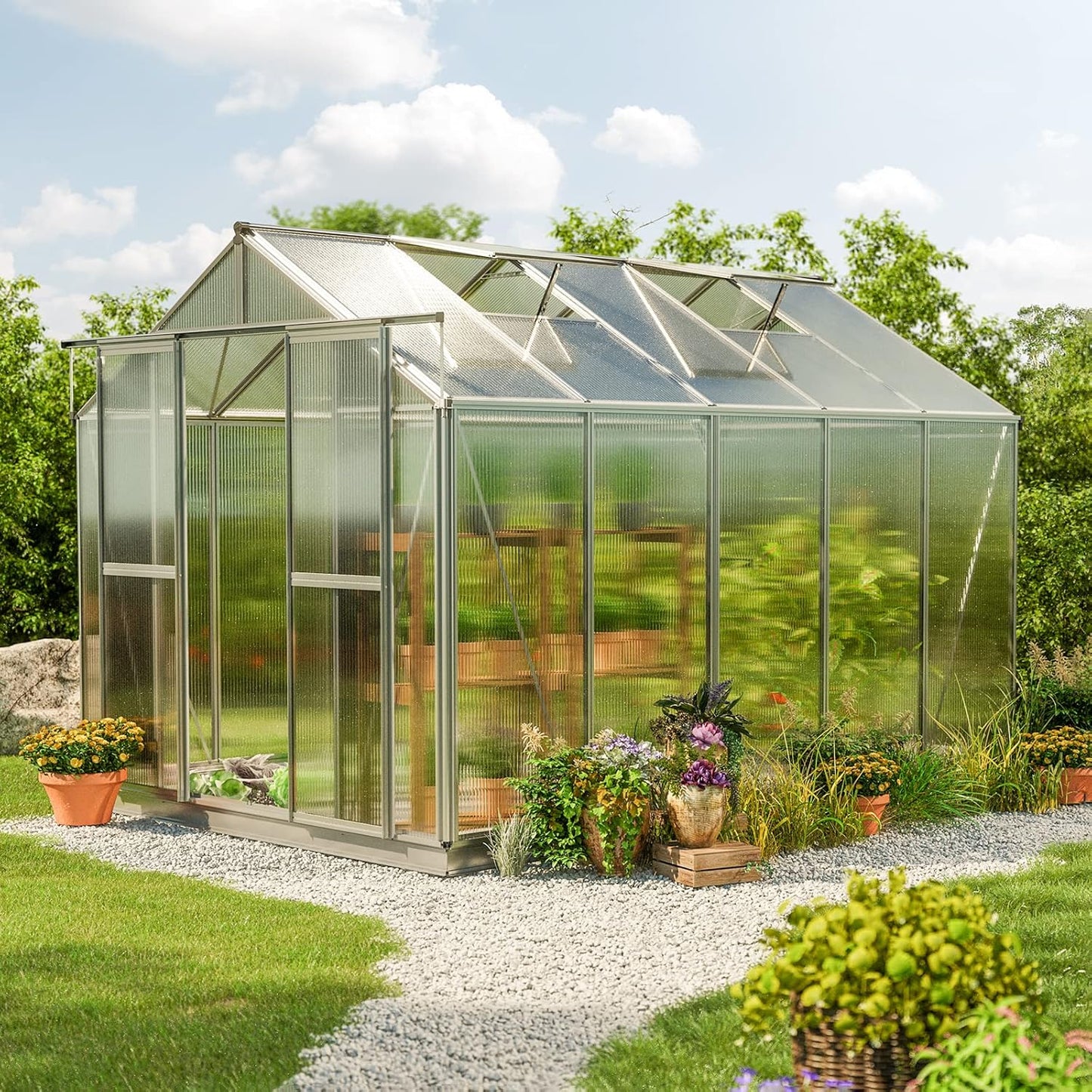 Greenhouse Saphir 5 Aluminum Frame 8.5 x 10.6 ft Approx. 8 mm Polycarbonate Panels - with Bonus Base Frame and Automatic Vent Opener