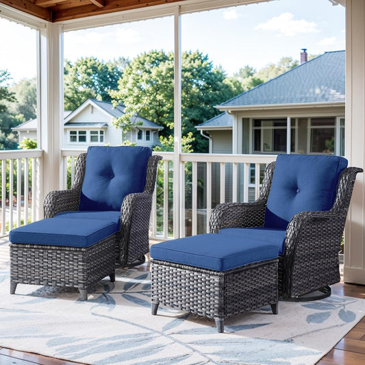 4 Pieces Patio Furniture Sets, Wicker Patio Swivel Glider Chair with Ottomans, Outdoor Furniture Set for Outside Porch, Deck, Balcony, Garden