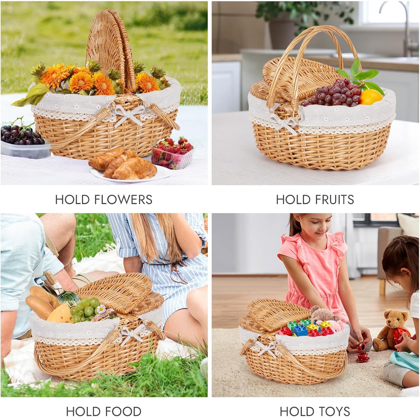 Happypicnic Wicker Picnic Basket with Handle, 15" Large Empty Picnic Basket with Lid & Removable Liner, Vintage Hand Woven Basket for Picnics, Camping, Veg Picking, Mother'S Day, Thanksgiving (Flower)