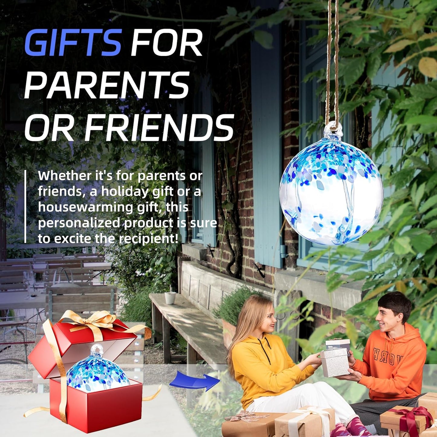 VOREEN 6" Hanging Glass Garden Gazing Ball Hand Blown Glass Witch Ball Christmas Ornament Friendship Balls for Outdoor Garden Patio Window Home Décor, Gift for Mom Wife Friend, Blue