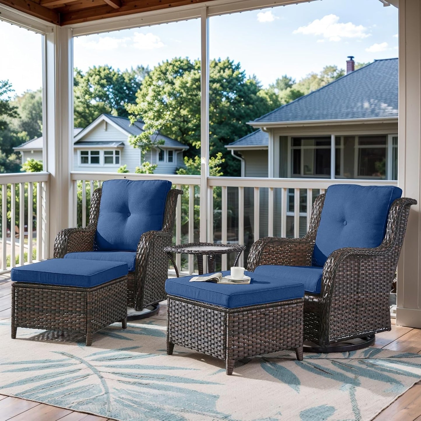 5 Pieces Patio Furniture Sets Wicker Outdoor Furniture, Rattan Patio Swivel Glider Chairs with 2 Ottoman and Glass Side Table