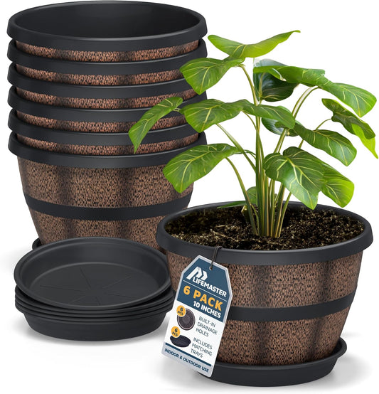 10-Inch Whiskey Barrel Planters Outdoor Pack of 6, Plastic Decoration Plant Pots for Indoor & Outdoor Use with Drainage & Saucer, Rustic Garden Planters for Flowers, Small Plants & Herbs