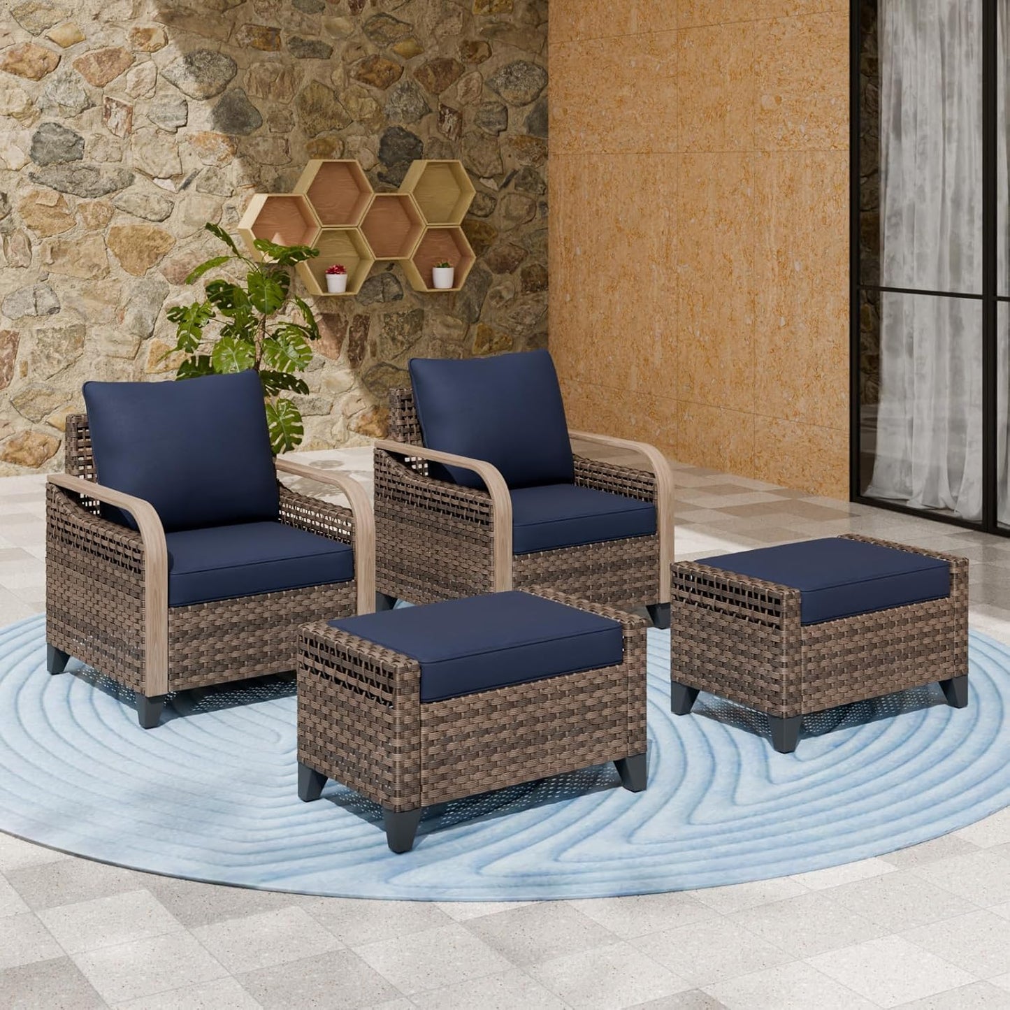 EAGLE PEAK Modern Wicker Outdoor Chair, Patio Chair Curved Armrest, Rattan Patio Furniture for Yard Deck Porch Garden, 2 Chairs 2 Ottomans, 4 Pieces, Brown/Blue