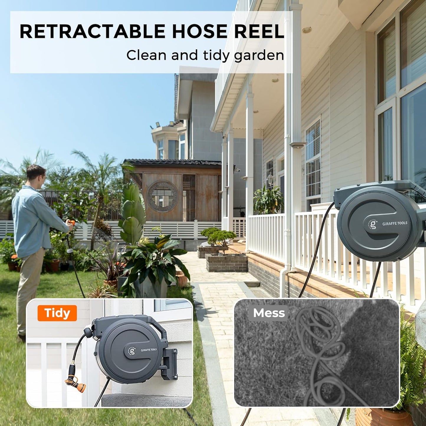 Giraffe Tools AW30 1/2MB Retractable Garden Hose Reel 1/2" x 100 ft PRO Metal Bracket, Heavy Duty, Any Length Lock Hose Reel, 100 ft, Dark Grey
