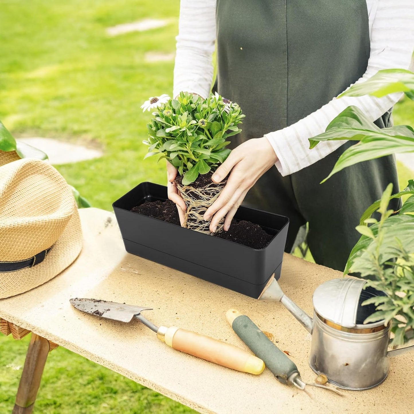 GREANER 6 Pack Herb Planters, 12x3.8 Inch Black Rectangle Window Boxes with Tray, Indoor Succulent Cactus Mint Plastic Pot for Windowsill, Balcony, Office, Outdoor Garden