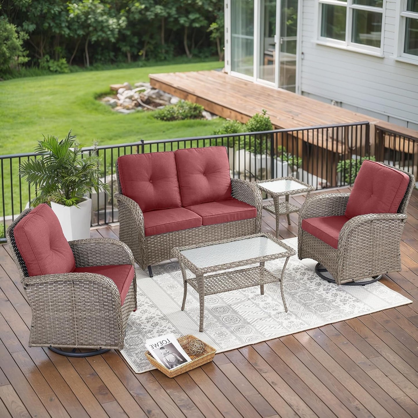5 Piece Outdoor Patio Furniture Set with Deep Seating Swivel Rocker Chairs Loveseat and Rattan Coffee Table Outdoor Conversation Sets for Deck Backyard Poolside,Gray Wicker Red Cushion