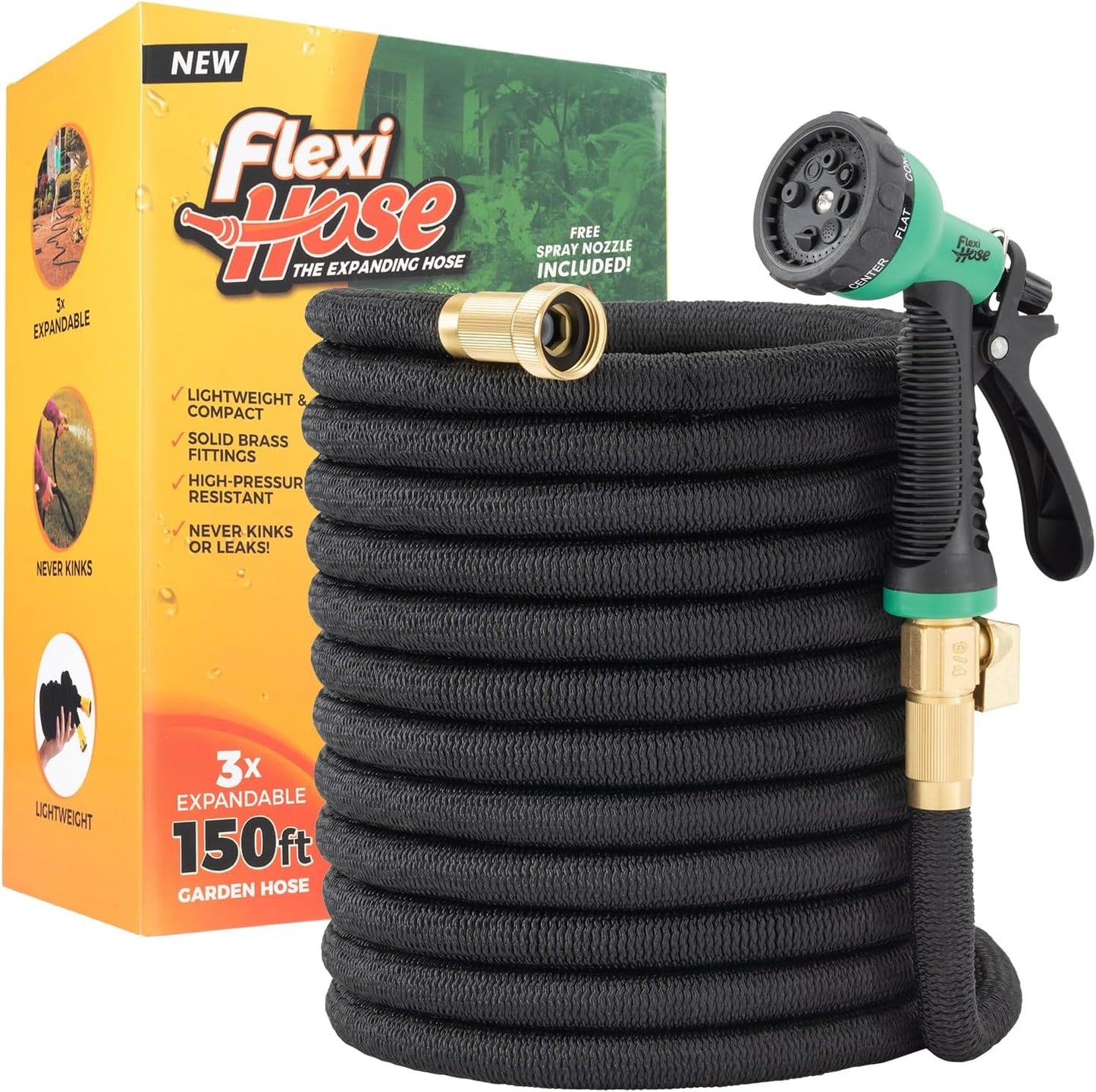 Flexi Hose with 8 Function Nozzle, 150FT - Lightweight Expandable Garden Hose, No-Kink Flexibility, 3/4 Inch Solid Brass Fittings and Double Latex Core
