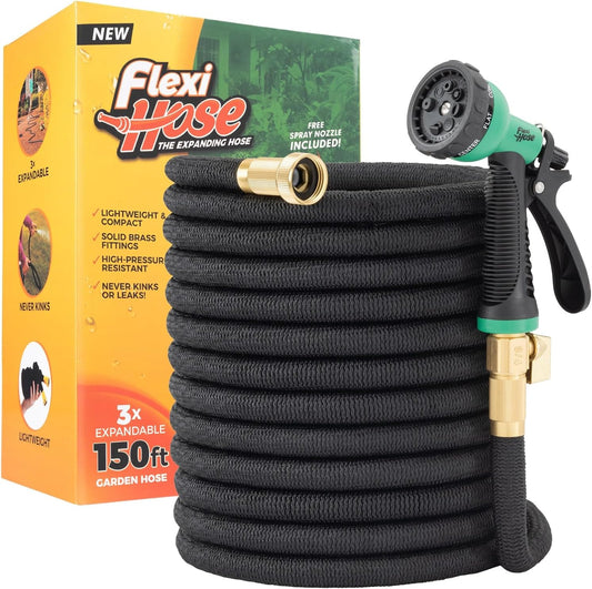 Flexi Hose with 8 Function Nozzle, 150FT - Lightweight Expandable Garden Hose, No-Kink Flexibility, 3/4 Inch Solid Brass Fittings and Double Latex Core