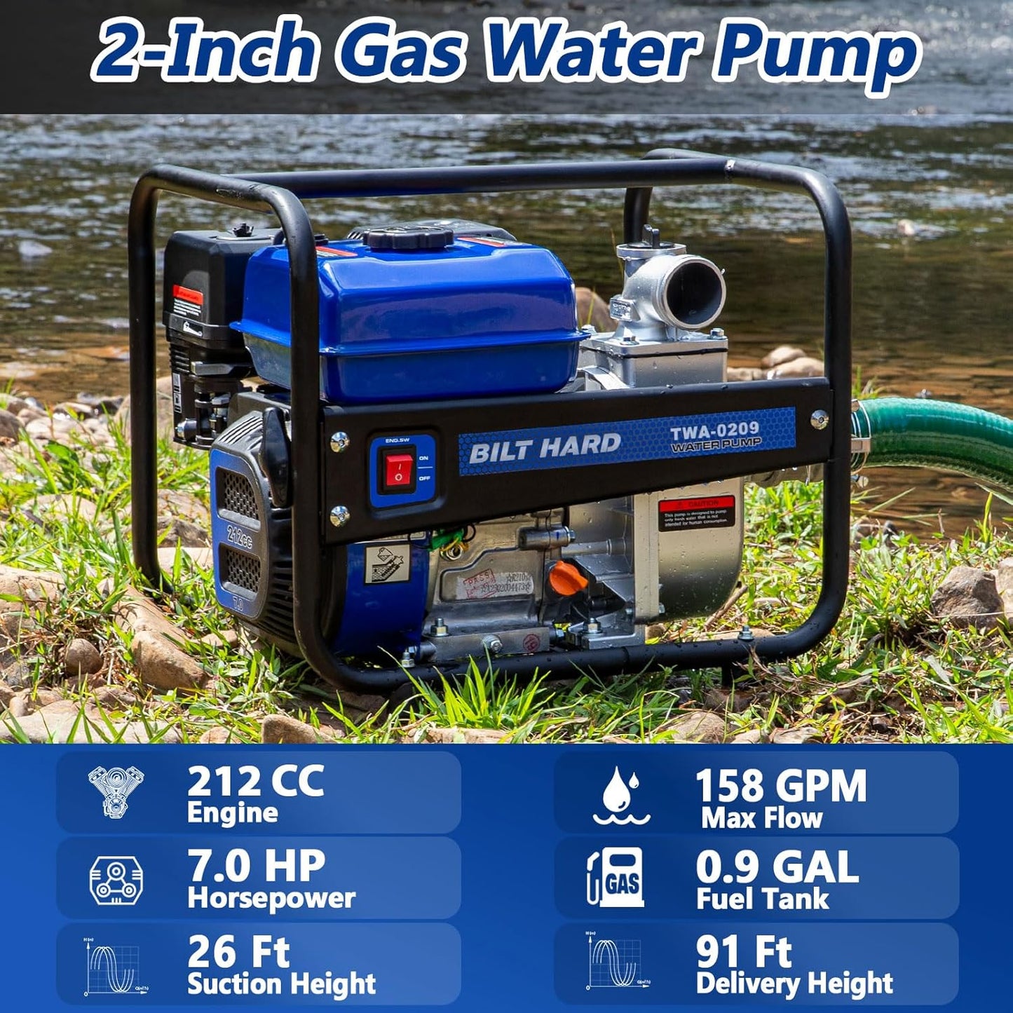 BILT HARD Semi Trash Pump 2 inch, 158 GPM 7HP Gas Powered Water Pump, 212cc 4-Cycle Engine with 50 ft Discharge Hose, 12 ft Suction Hose and Complete Fittings, EPA Certified