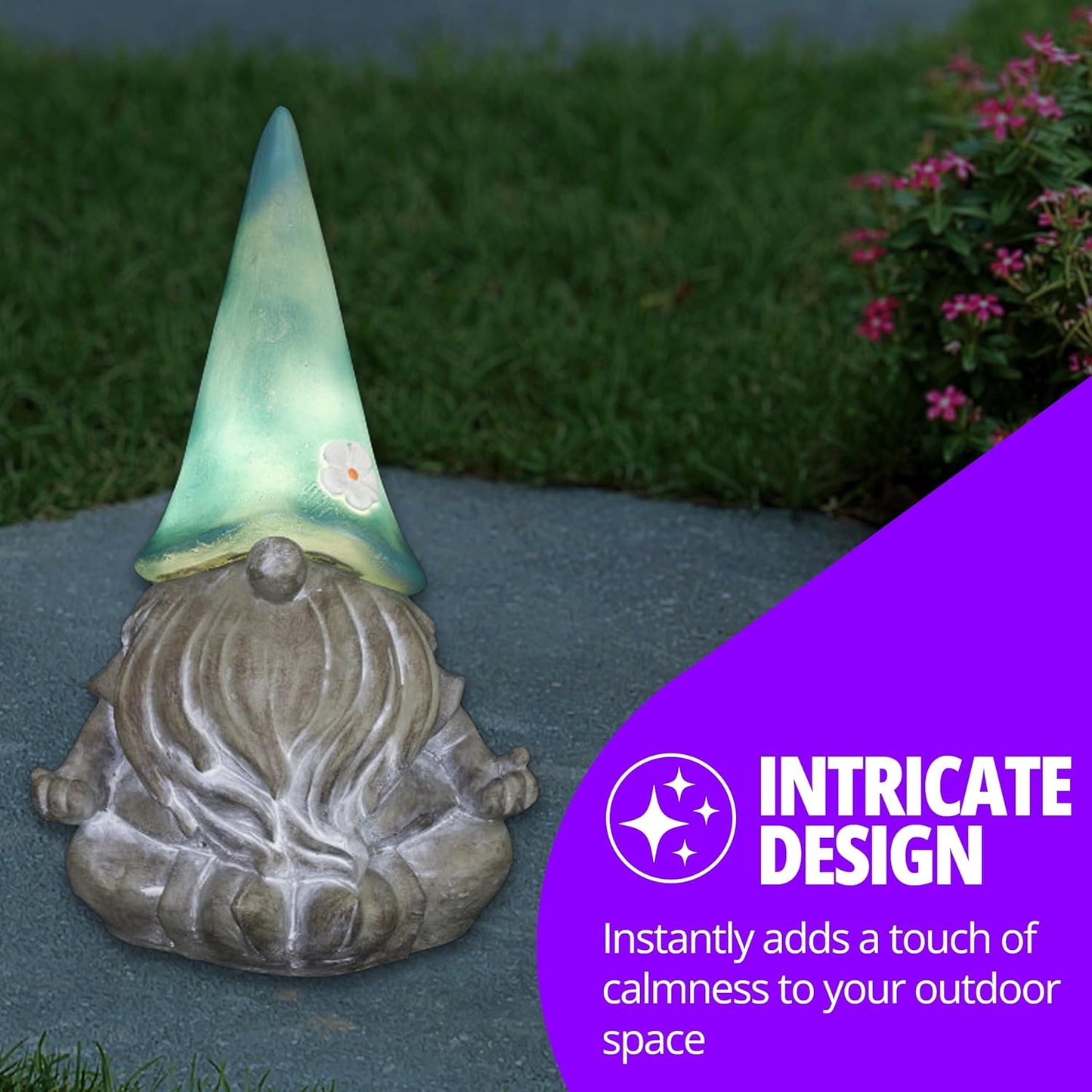 Exhart Garden Sculpture, Meditating Yoga Solar Garden Gnome Statue, LED Flower Hat, Outdoor Garden Decoration, 7 x 11.5 Inch, Teal