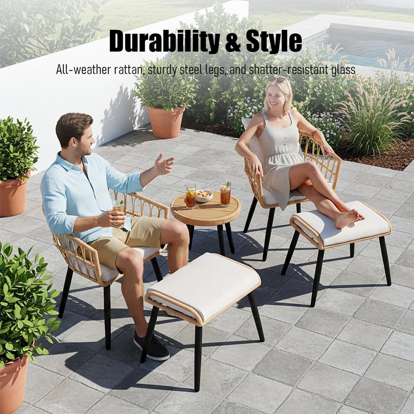5 Piece Outdoor Bistro Set, Waterproof Patio Furniture Conversation Set, Patio Table and Chairs with Foot Rest, Small Outdoor Wicker Chairs for Porch, Backyard, Deck, Balcony