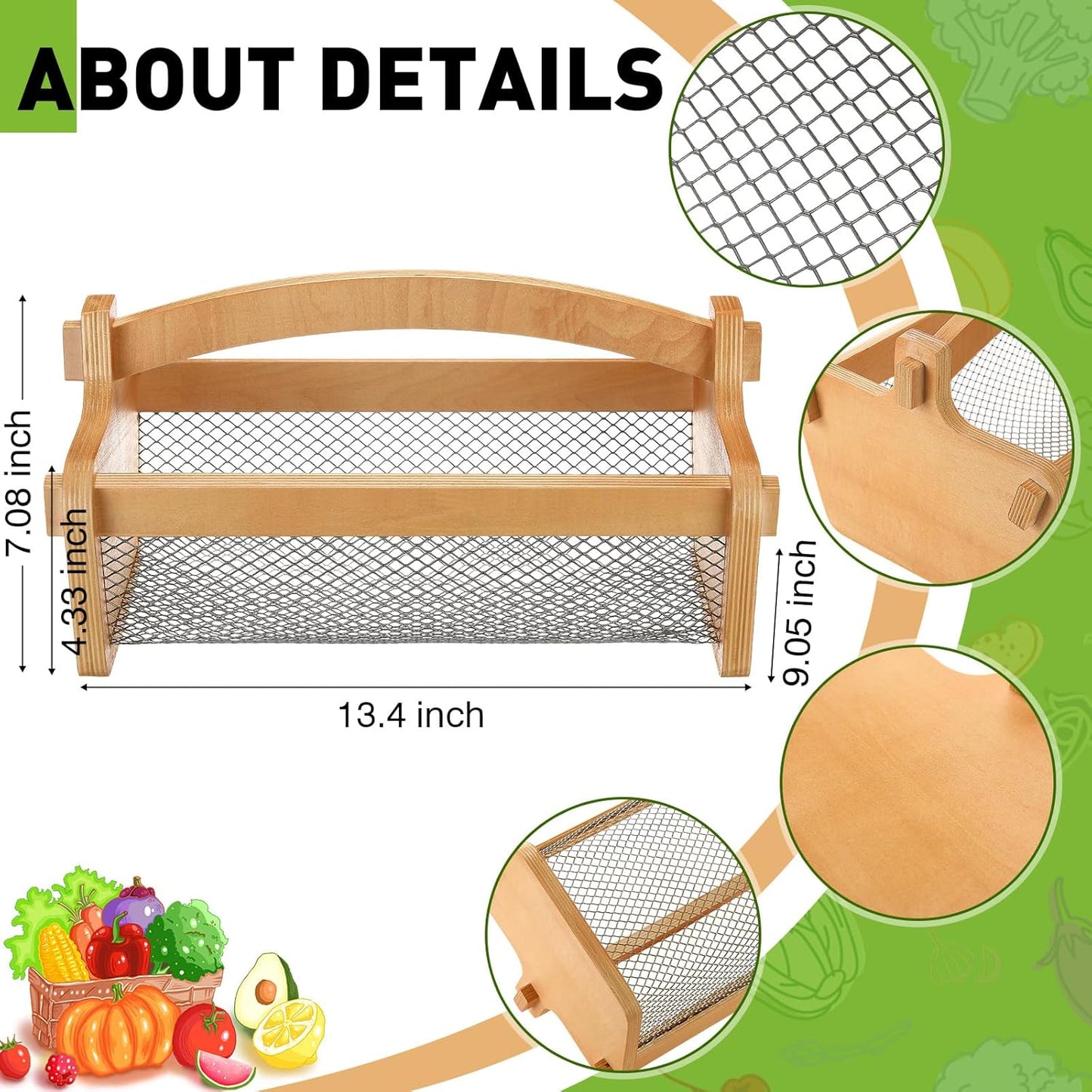 Garden Harvest Basket Mesh Storage with Handle Versatile Gardening Fruits Vegetables Gathering Basket Garden Supply Gardener Gift Spring for Washing Holding (Wood Color,13.4in)