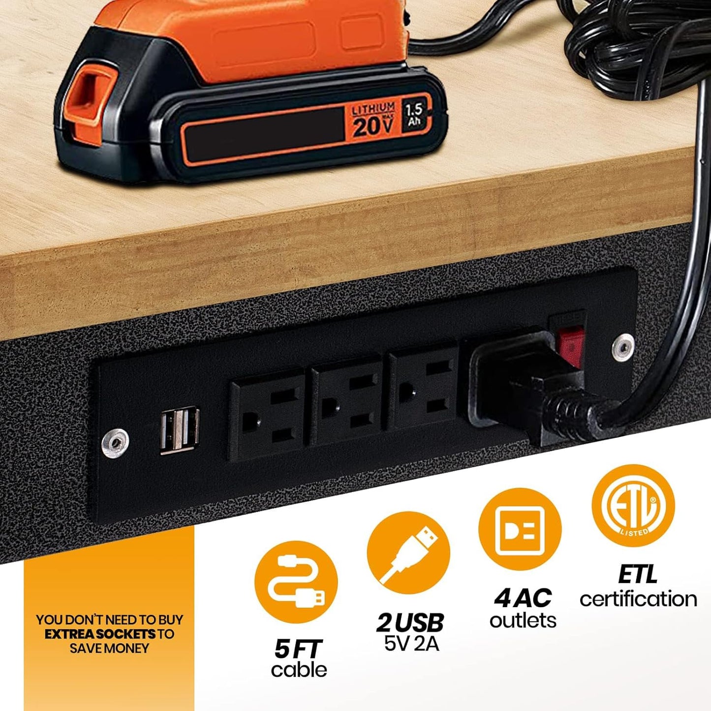 48" Adjustable Work Bench, Rubber Wood Top Workbench Heavy-Duty Work Table with Power Outlet, 2000 LBS Load Capacity Hardwood Work Benches for Garage, Workshop, Home, Office, Easy Assembly