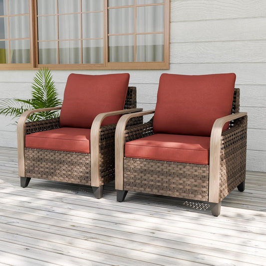 EAGLE PEAK Modern Wicker Outdoor Chair, Patio Chair Curved Armrest, Rattan Patio Furniture for Yard Deck Porch Garden, 2 Chairs, Brown/Red