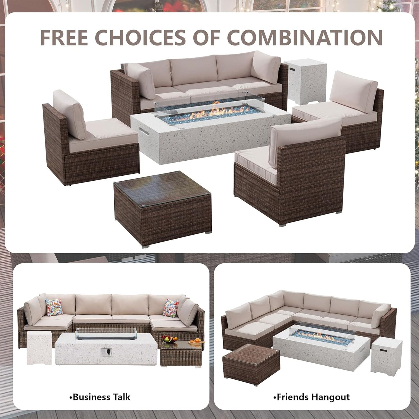 8 Piece Patio Furniture Set - Outdoor Conversation Sets with 56" Fire Table and Coffee Table, Rattan Modular Sofa Set for Garden/Poolside, Beige/Brown