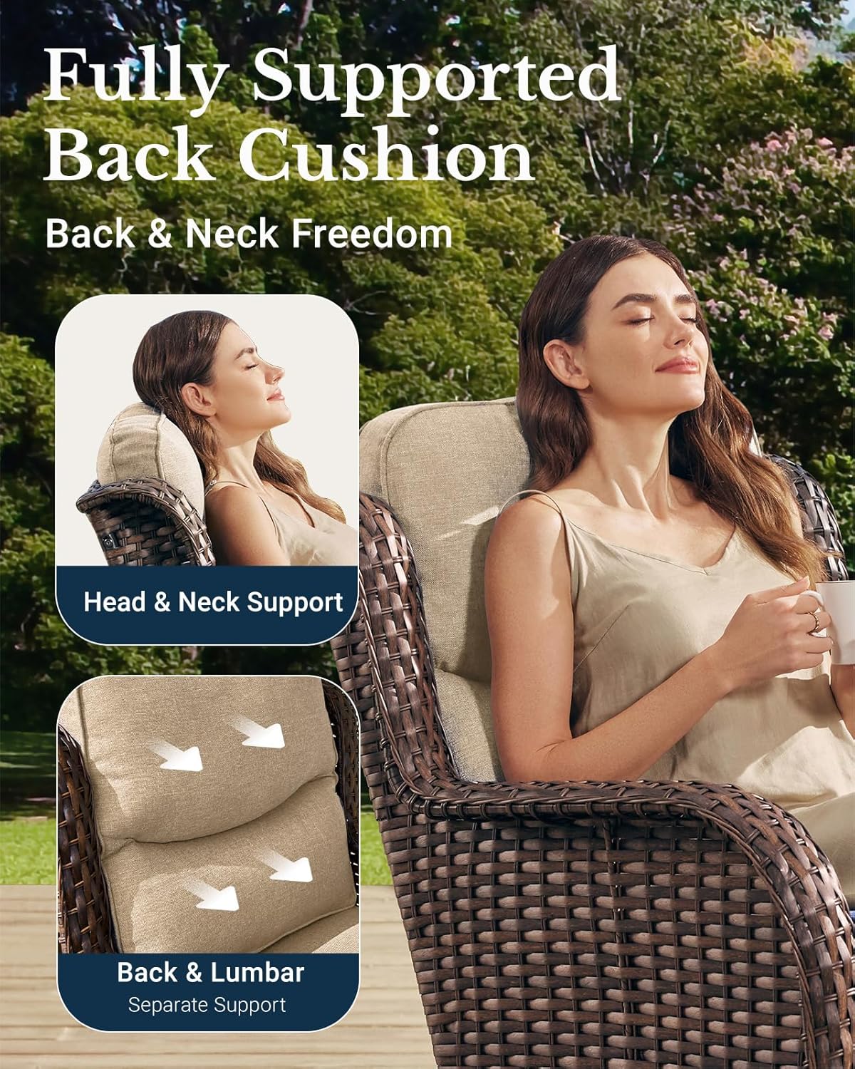 HILLGA Luxury Patio Furniture Set with 6-inch Thick Cushion, Outdoor High Back Swivel Rocker Patio Chairs, 3PCS Wicker Conversation Set for Deck Yard and Poolside, Beige (V2)