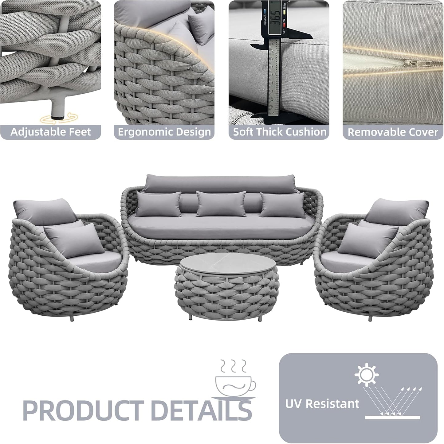 Aluminum Modern Patio Set Three Seater Sofa Outdoor Furniture Set w/Coffee Table,Patio Conversation Set with Hand Woven Teslin Rope for Bedroom Backyard Poolside, Light Grey