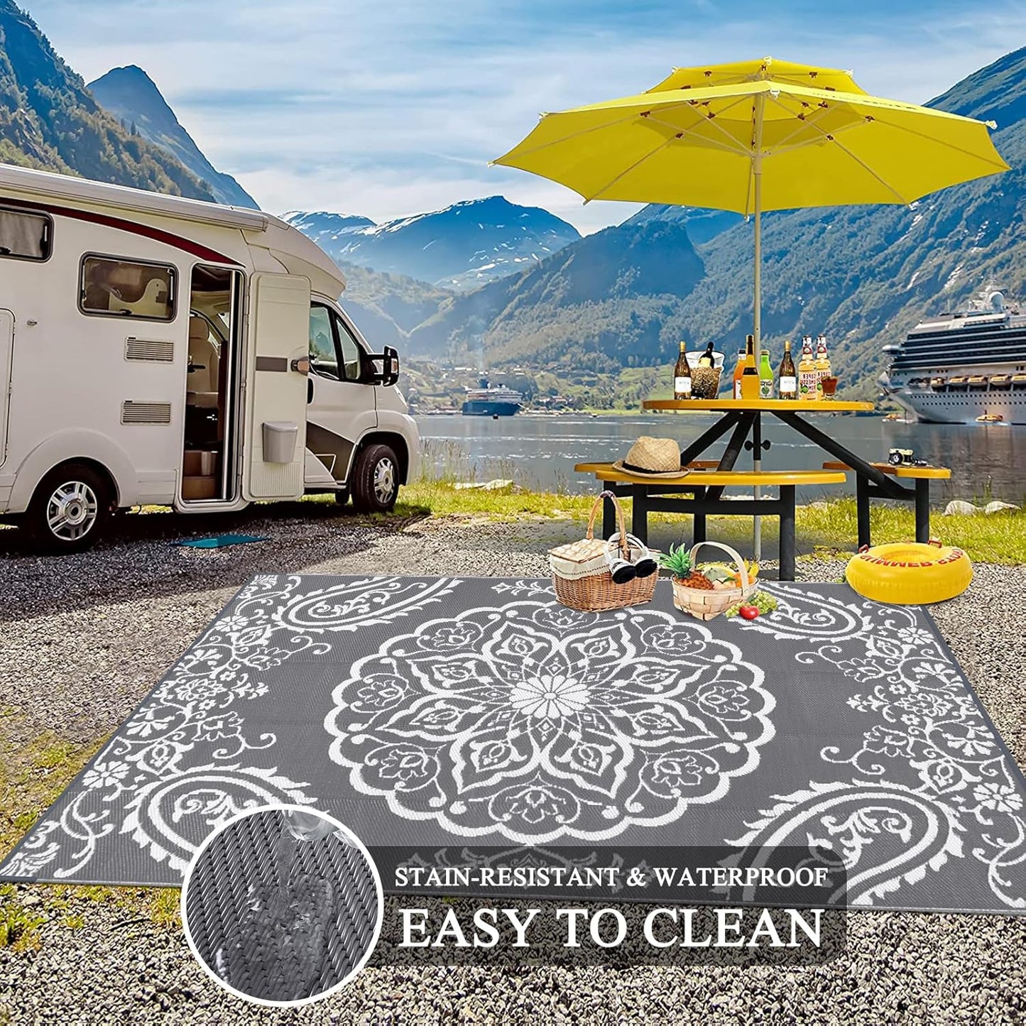 Pauwer Waterproof Outdoor Rug 6x9, Reversible Plastic Straw Patio Camping Rug, Indoor Outdoor RV Mat Carpet for Deck, Camper, Porch, Balcony, Backyard, Picnic, Boho Grey
