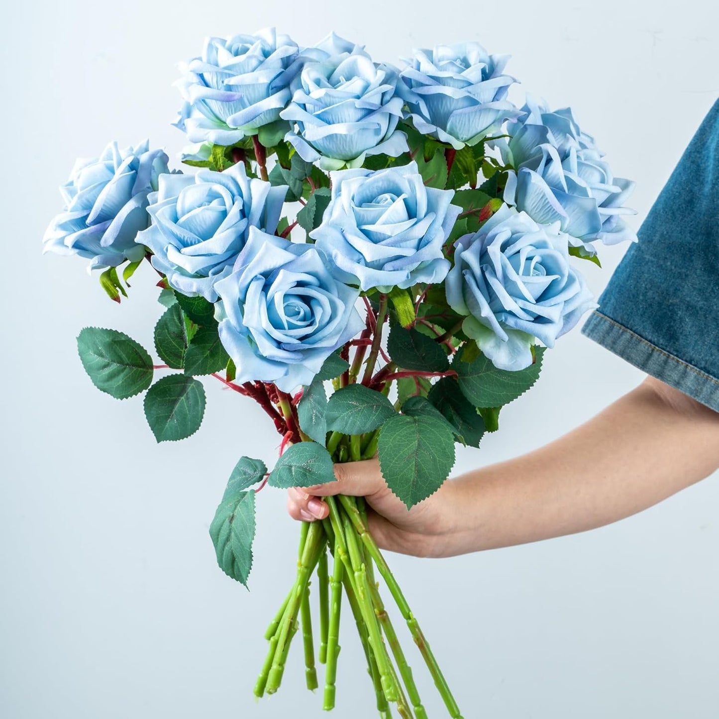 Fake Roses Faux Flowers Silk Roses 12PCS Artificial Roses with Stems Realistic Artificial Flowers Suitable for Indoor Home Decoration Diy Bouquet Wedding Decor Party Decoration （Blue）16.5“