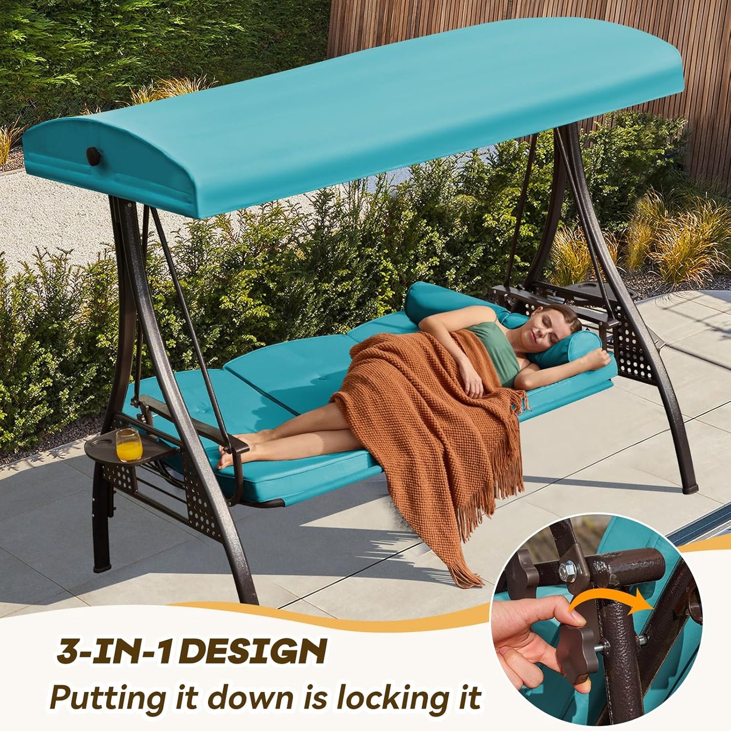 3 in 1 Outdoor Porch Swing with Adjustable Canopy, 3 Seat Outdoor Swing for Adults, Patio Swing Chair with Thickened Cushions,Pillows & Cup Holders for Backyard, Porch, Garden (Lake Blue)