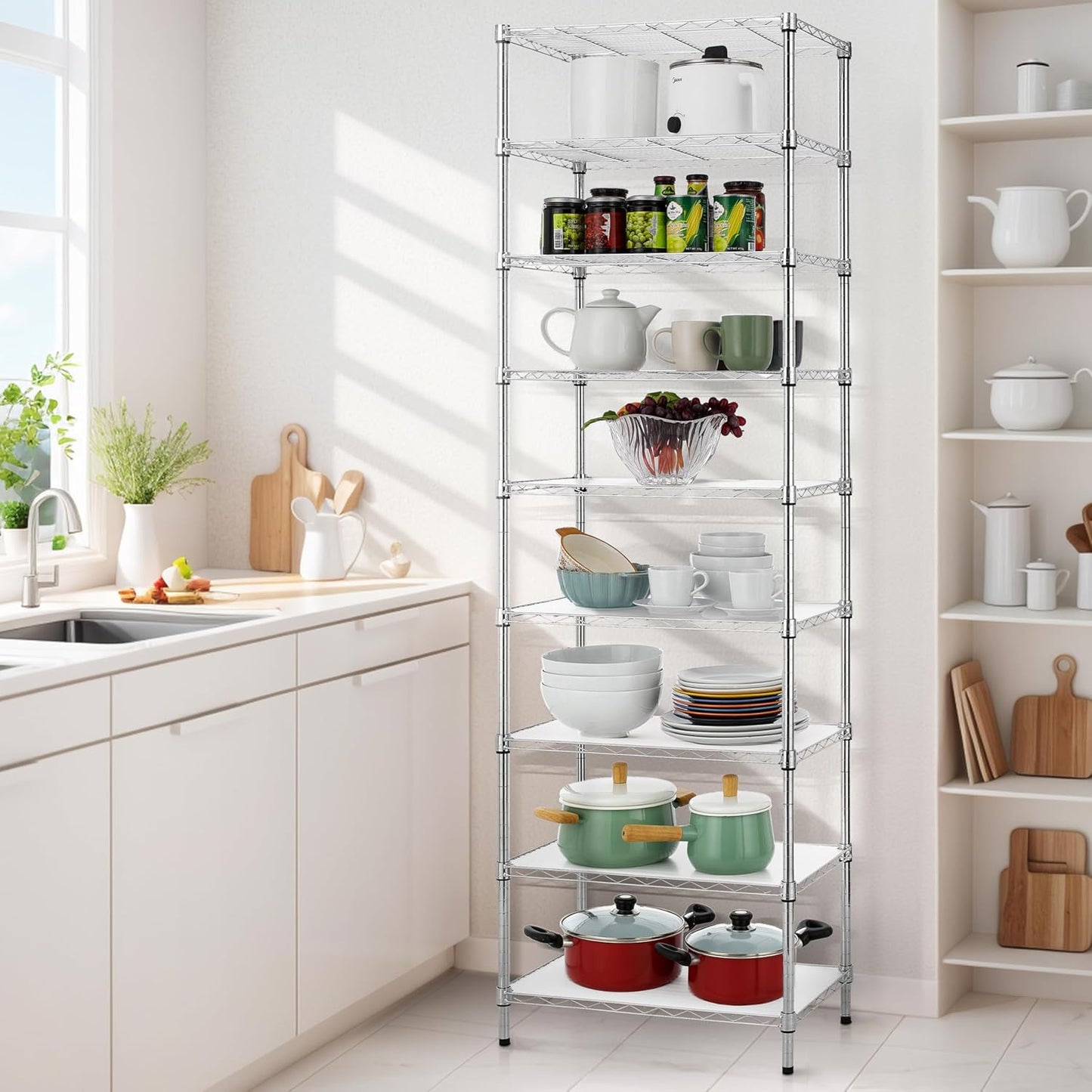 Finnhomy 9-Tier Wire Shelving Unit Adjustable Steel Wire Rack Shelving, 81 Inches Height 9 Shelves Metal Storage Rack, Pantry Shelves for Storage with PE mat, NSF Certified, Chrome