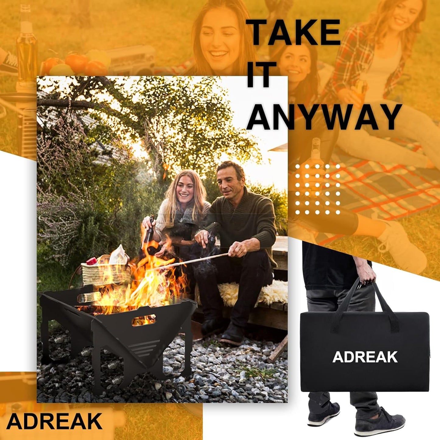 20 inch Fire Pit, Outdoor Portable Firepit with BBQ Tray, Detachable Camping Steel Fire Pits for Backyard, Patio, Picnic, Bonfire, Garden (Black-Large)