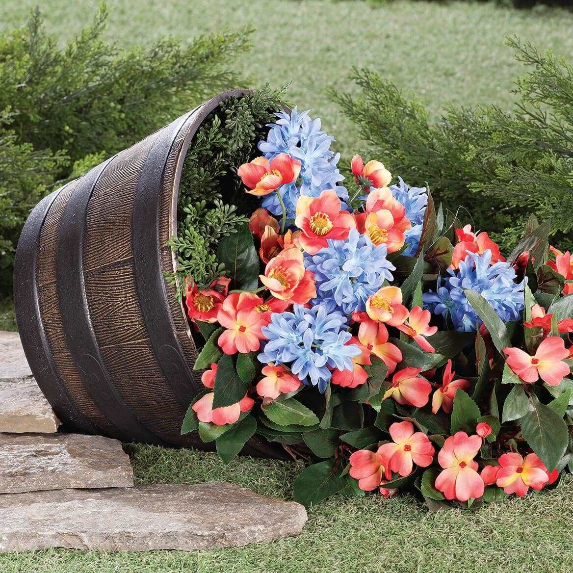 Fox Valley Traders Wood-Look Barrel Planters, Lightweight Durable Plastic, Outdoor Décor, Rustic – Measures 8” High x 13” Diameter