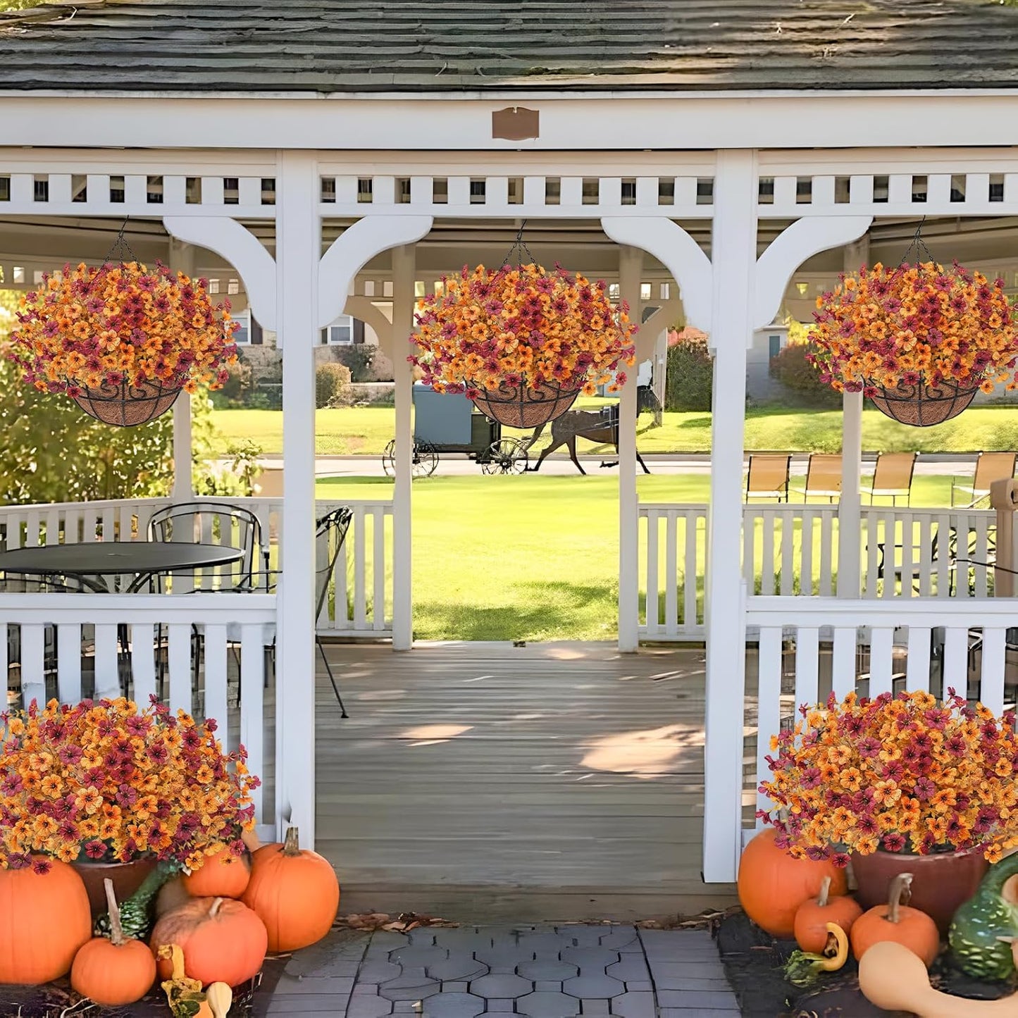 Fall Artfiticial Hanging Flowers Baskets for Outdoors, UV Resistant Fake Fall Hanging Plants, Faux Orange Flowers for Autumn Home Patio Garden Front Porch Balcony Decor (Yellow Red)